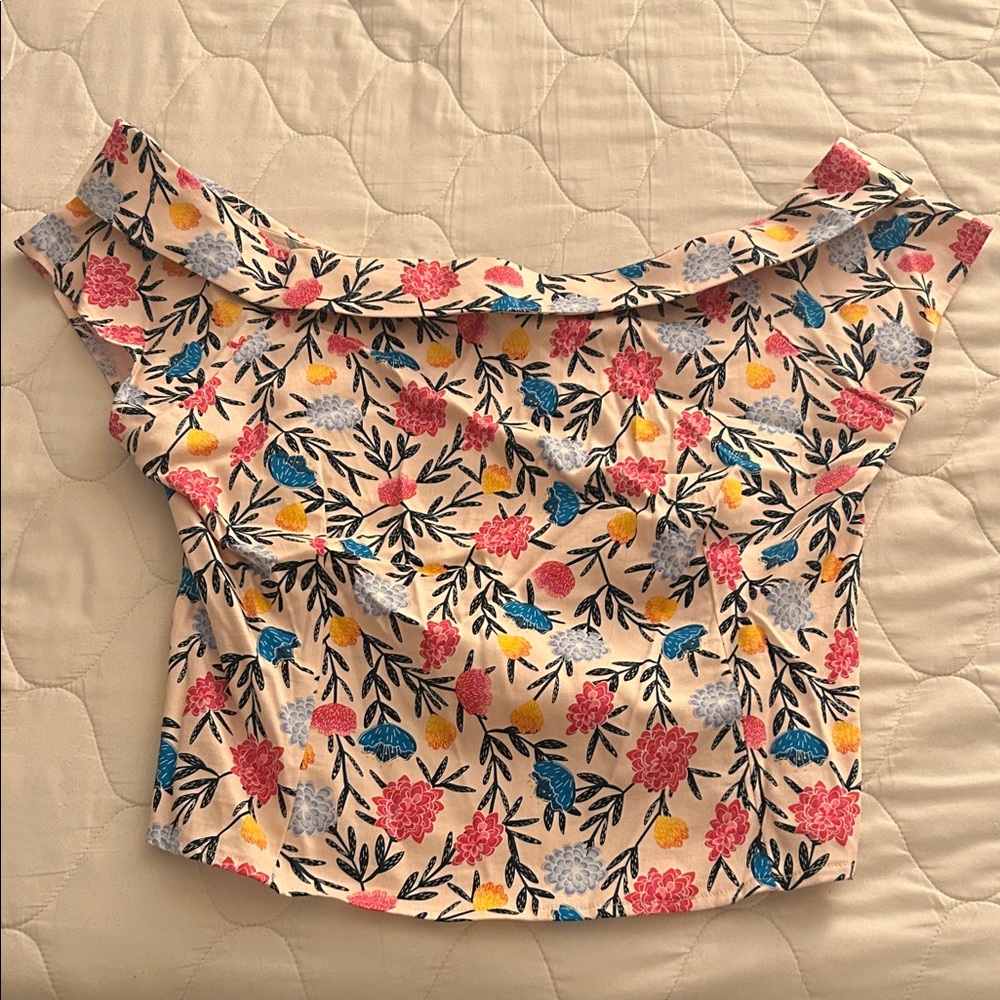 Collectif Cream Floral Bardot Top with Pink, Blue & Yellow Flowers